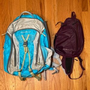 Set! Eddie Bauer Boulder River 30L carry-on laptop backpack+ 8L Purple Sling Bag